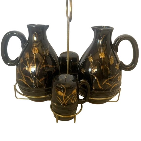 Vintage MCM Hand Painted Gold On Black Wheat Pattern Condiment Set W/Stand Japan - Picture 1 of 7